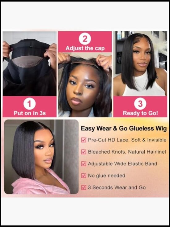 Glueless Bob Wig Human Hair Pre Bleached 200% Density Wear and Go 16 Inch Short